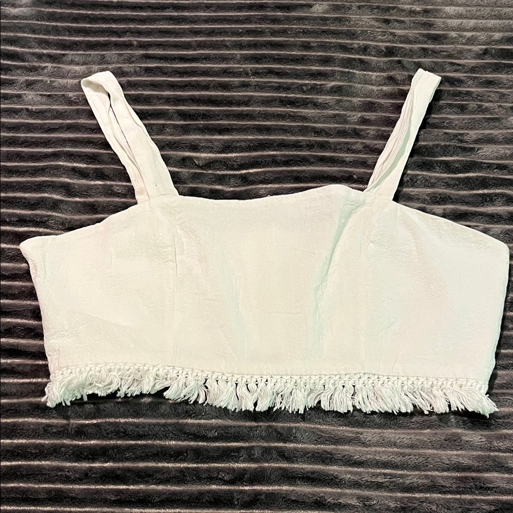 Elegant White Fringe Trim Women's crop top.